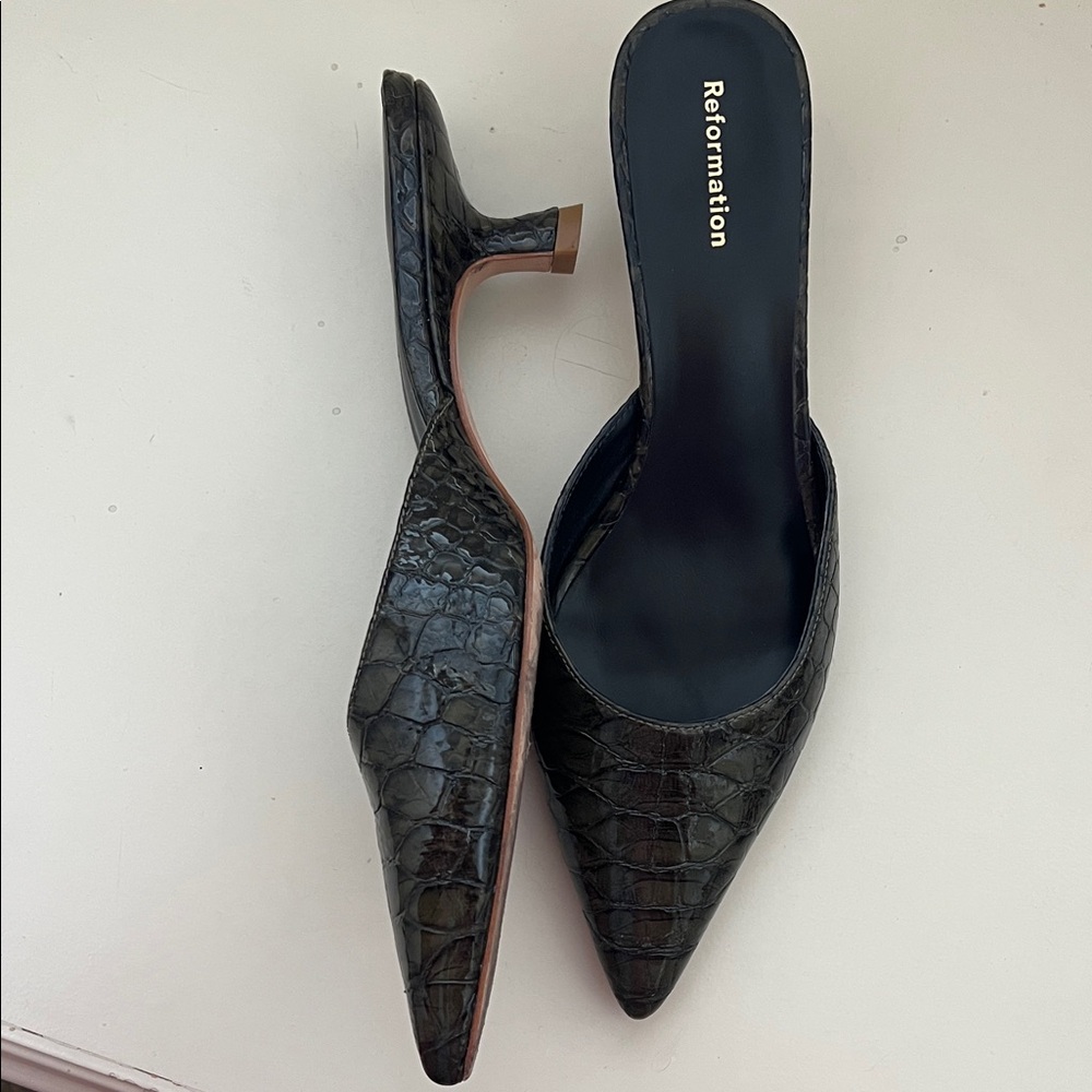 Reformation Dark Croc-Patterned Mules - image 3
